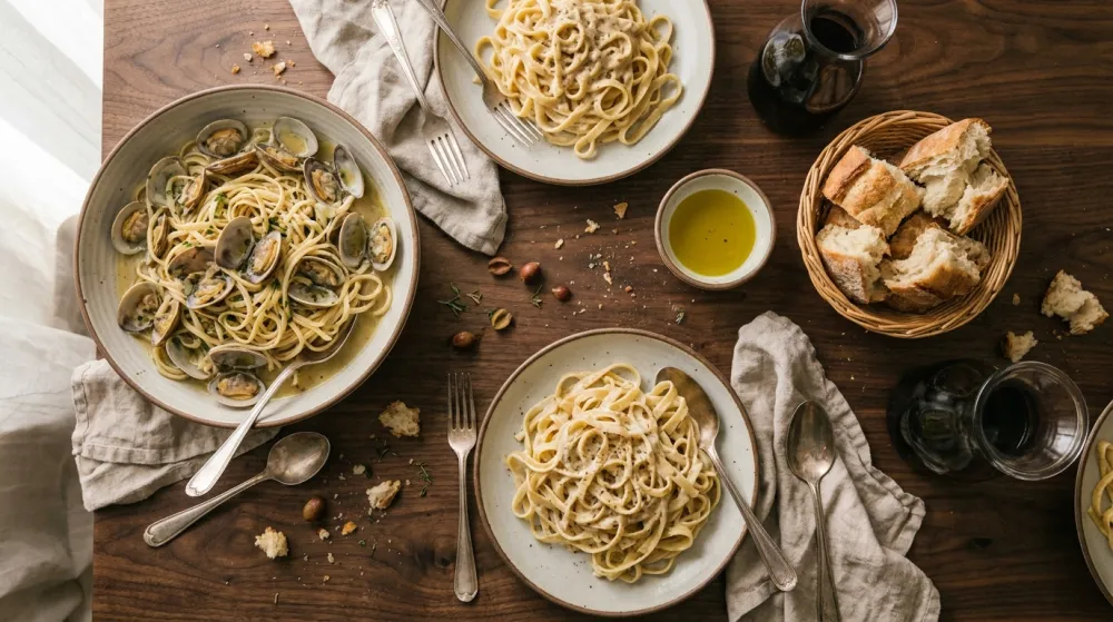 Vista cenital de una mesa italiana servida con linguine con almejas, fettuccine, pan y vino tinto sobre madera de nogal