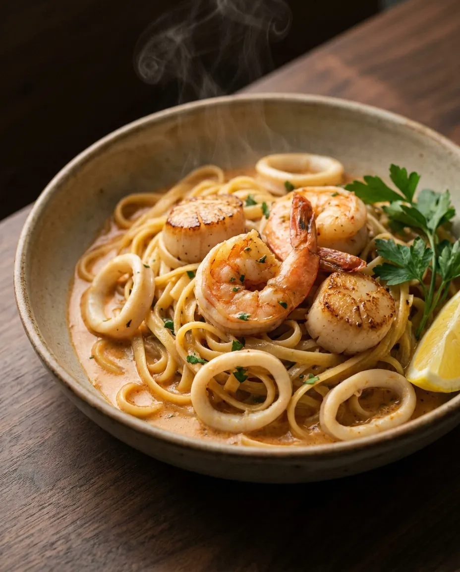 Plato de linguine con langostinos, vieiras y calamar en salsa marinara cremosa