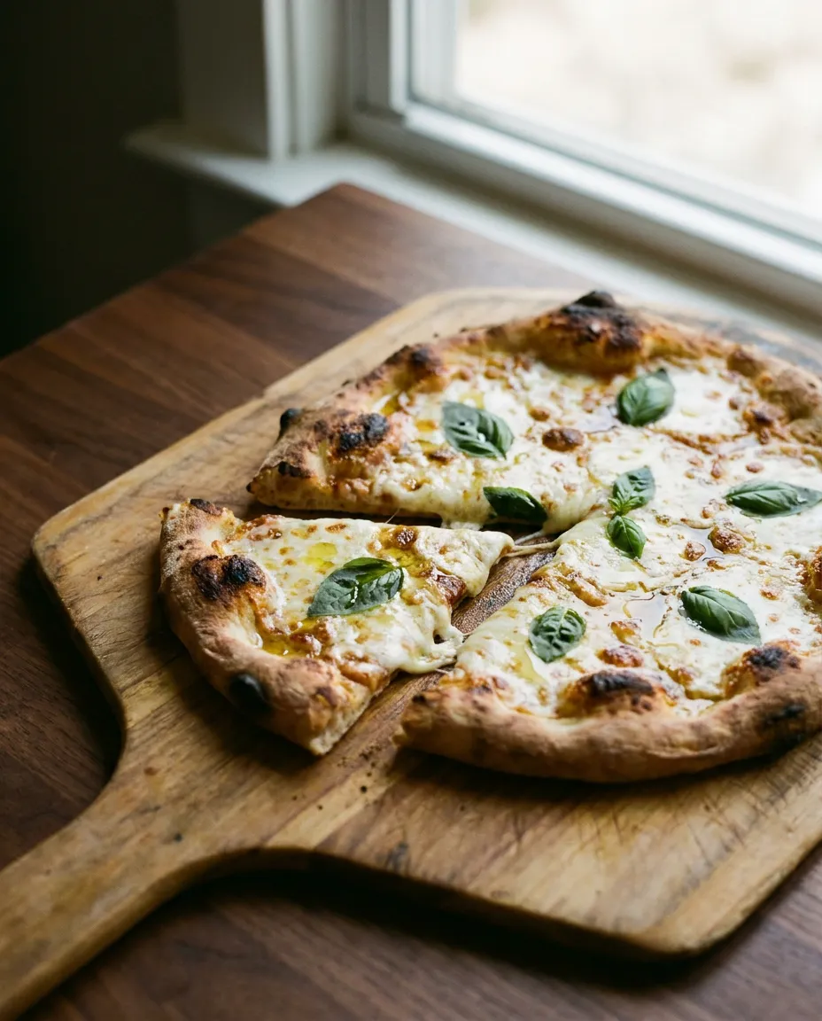 Pizza italiana de masa fina recien salida del horno sobre pala de madera