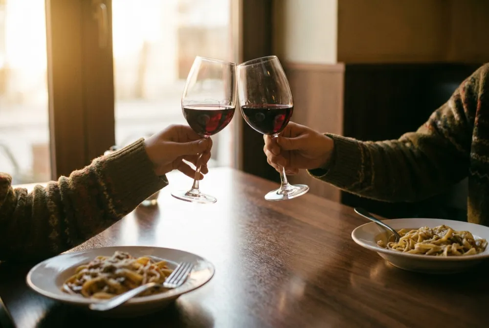 Dos manos brindando con copas de vino tinto sobre una mesa de madera oscura con platos de pasta al fondo