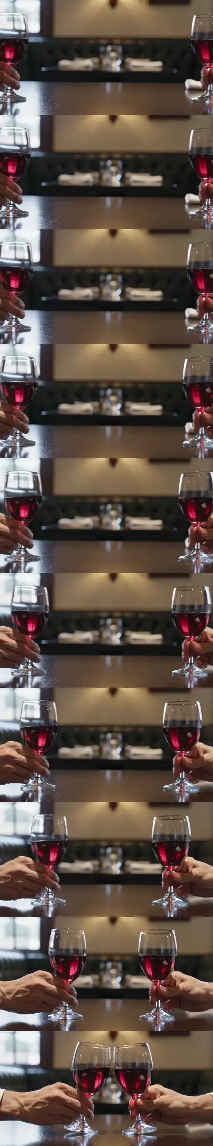 Dos copas de vino tinto que se acercan hasta brindar en el centro a medida que se baja por la pagina